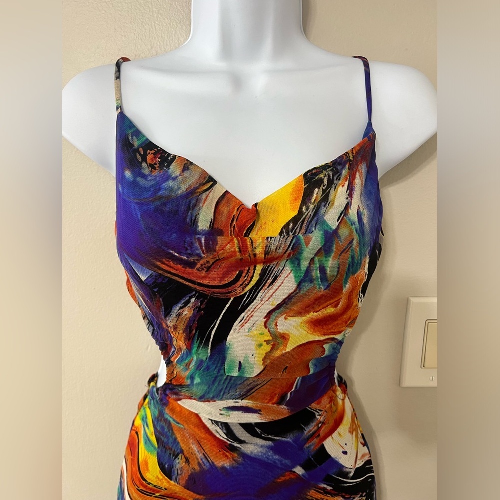 Blanc Picasso Print Cut Out Mini Dress Small Multicolor Bodycon Party - Picture 8 of 15